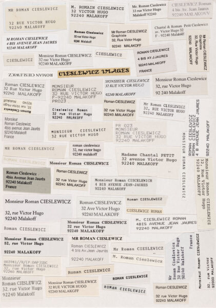 Kolaż z kilkudziesięciu fragmentów wyciętych z kopert.