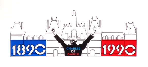 Podłużny plakat. W środkowej części rysunek budynków z dachami i wieżyczkami i mężczyzna z podniesionymi w górę rękoma. Po lewej i prawej stronie zdjęcia. Lewe zdjęcie jest niebieskie, prawe czerwone. Kolorystyka plakatu nawiązuje do francuskiej fragi .