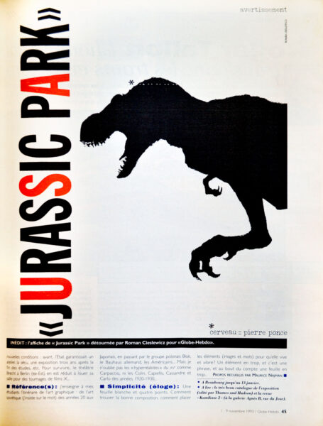 Strona z czasopisma z napsiem: Jurassic Park. Po prawej stronie czarny sylwetka dinozaura.