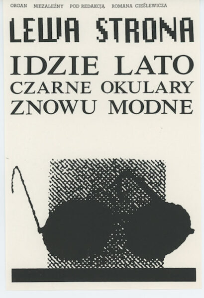 Strona z napisem: Lewa strona. Idzie lato. Czarne okulary znowu modne. Poniżej rysunek okularów z czarnymi szkłami.