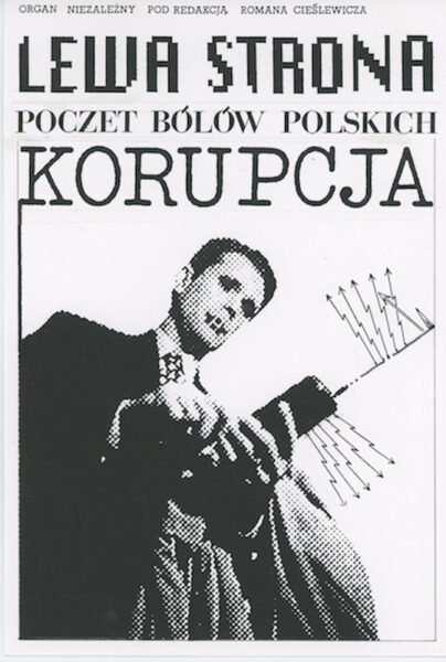 Strona z napisem: Lewa strona.Poczet bólów polskich. Korupcja. Na zdjęciu młody mężczyzna z przenośnym aparatem telefonicznym z antenką, od której odchodzą strzałki.