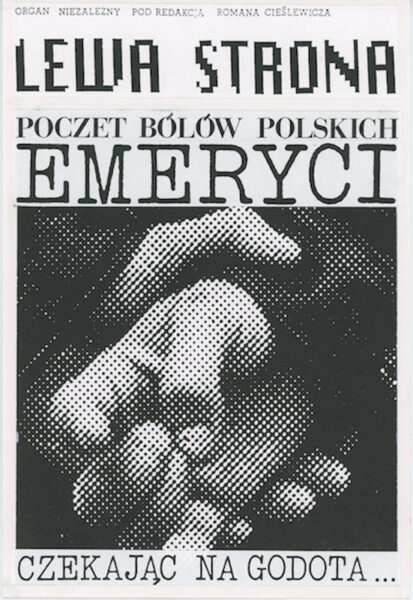 Strona z napisem: Lewa strona. Poczet bólów polskich: Emeryci czekają na Godota. W centrum zdjęcie splecionych na plechach dłoni.