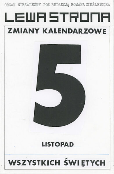 Strona z napisem: Lewa strona. Zmiany kalendarzowe. 5 listopad Wszystkich Świętych.