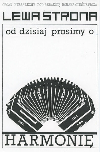 Strona z napisem: Lewa strona. Od dzisiaj prosimy o harmonię. W centrum instrument muzyczny harmonia.