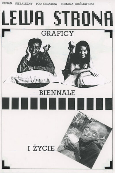 Biennale. Graficy i życie. W centrum zdjęcie mężczyzny i kobiety opartych na poduszkach oraz zdjęcie żebraka.