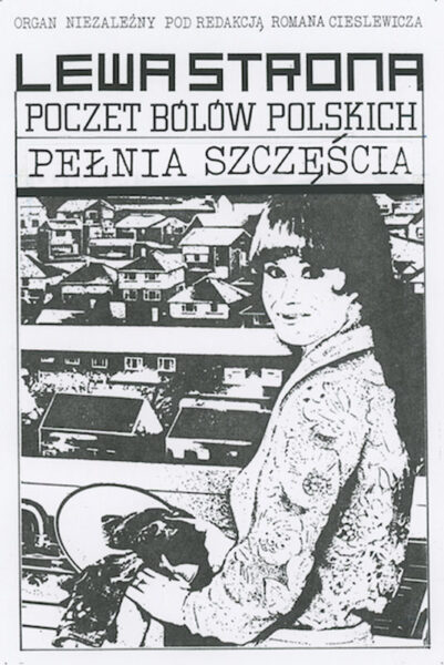 Czarno-biały plakat z napisem na górze: Lewa strona. Poczet bólów polskich. Pełnia szczęścia. Na środku rysunek kobiety wycierającej ściereczką naczynia. W tle okno z widokiem na domy.