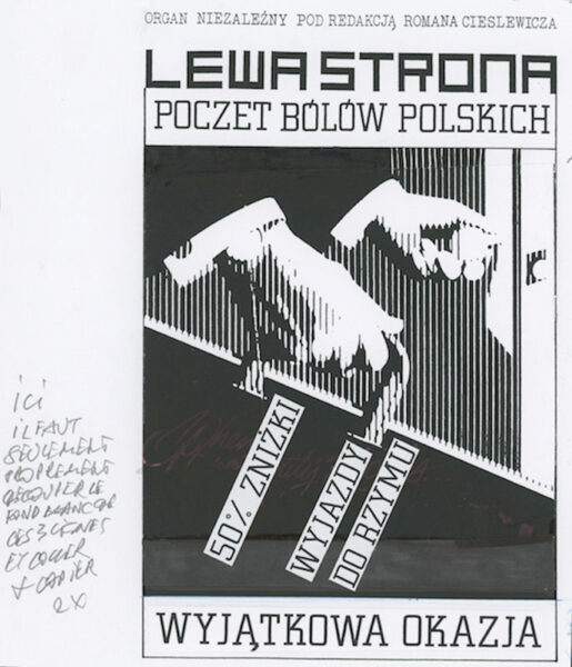 Okładka z napisem: Lewa strona . Poczet bólów polskich. Wyjątkowa okazja. W śroku dwie niewyraźne męskie słonie . Prawa dłoń trzyma torbę zakupowa z napisem: 50% zniżki. Wyjazdy do Rzymu.