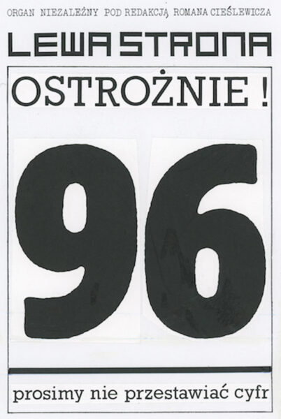 Czarno-biały plakat z dużymi czarnymi cyframi na środku: 96