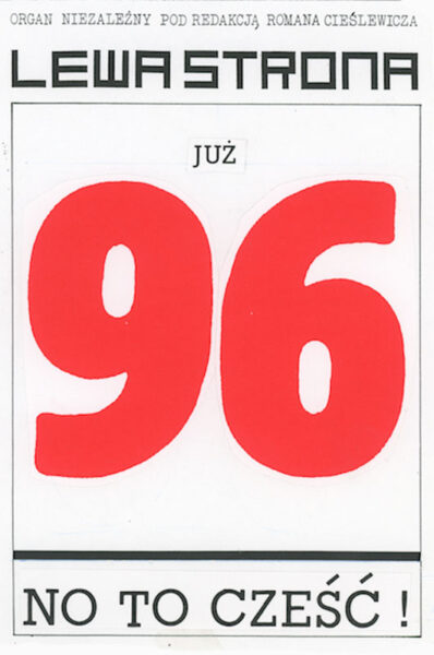 Czarno-biały plakat z dużymi czerwonym cyframi na środku: 96