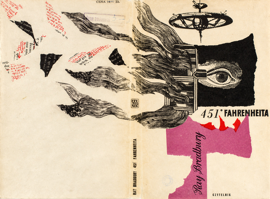 Projekt okładki książki z napisem: Ray Bradbury, 451 ° Fahrenheita. Na białym tle czarny motyw przypominający ludzką głowę z otwartym okiem i rozwianymi włosami.