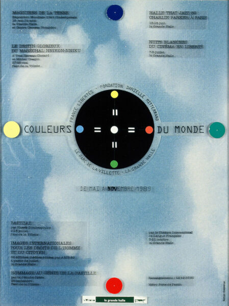 Plakat. Na tle zdjęcia nieba i chmur czarne koło z czterema kolorowymi znacznikami ustawionymi jak na godzinie 12, 3, 6 i 9. Obok koła napis w języku francuskim: Couleurs du monde.